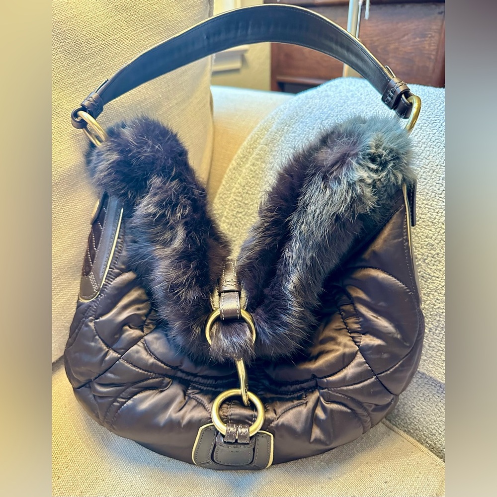 Vintage COACH Dark Brown Quilting Nylon with Fur Opening Shoulder Bag #3587 y2k